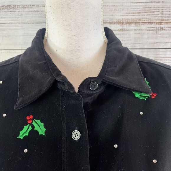 The Quacker Factory Shacket Jacket size Large Black Velvet Candy Canes Christmas - Picture 4 of 11